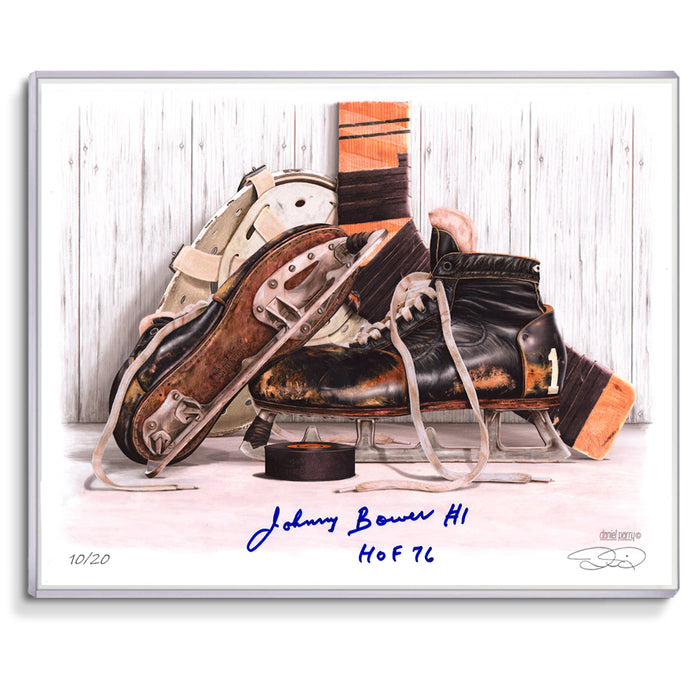 Johnny Bower Signed Autographed Vintage Goalie Skates 8x10 Art Print by Daniel Parry Ltd/20